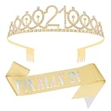 KICOSY 21st Birthday Tiara and Sash Set - Glitter Golden Birthday Crown Sash for 21st Birthday Party, Celebration, Anniversary, Photoshoot & Gift