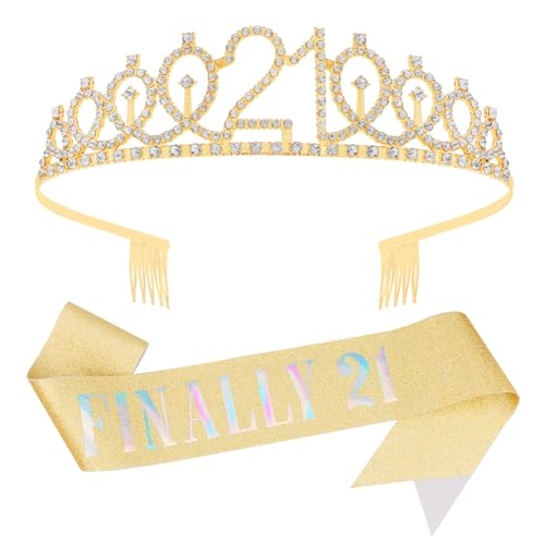 KICOSY 21st Birthday Tiara and Sash Set - Glitter Golden Birthday Crown Sash for 21st Birthday Party, Celebration, Anniversary, Photoshoot & Gift
