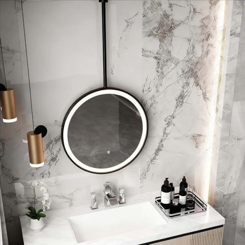FGXHHS Espejo de Techo con Tira de luz Regulable de 3 Colores, Espejo de tocador de Pared para baño, botón táctil Decorativo Inteligente (Negro, diámetro: 50 cm/19,7 Pulgadas).