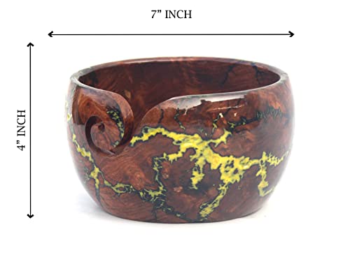 Image of Lichtenberg Figure Yarn Bowl - Handmade Wooden Yarn Bowl for Knitting Yarn Ball Holder - Yarn Bowls with Holes Crochet Bowl Holder - Yarn Storage Bowl 7 inch x 4 inch inches (Yellow-B)