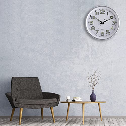Image of Plumeet Night Light Wall Clocks, 13 Inches Clock with Silent Non-Ticking Glowing for Indoor Kitchen Bedroom, Large Number Battery Operated (Silver)