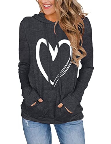 Damen Hoodies Pullover Cute Heart Sweatshirts Langarm Tops mit Taschen Schwarz L