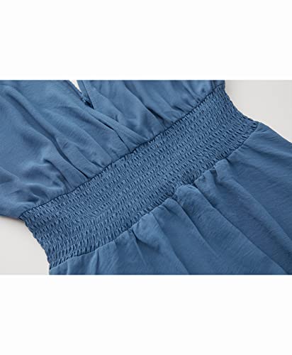 Image of Olaesa Boho Maxi Dress V Neck Short Sleeve Lace Smocked Waist Flowy Dress | Wedding Guest Dress with Pockets, Summer Bohemian Vacation Dress, Elegant Party Dress for Family photo& Baby Shower
