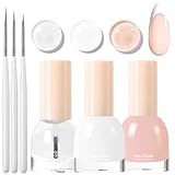 French Manicure Nail Polish Kit, Quick Dry French Nail Varnish Set with Top Coat and 3Pcs Ultra Thin Nail Art Pen, Jelly Nude and White Nail Gel for Women Girls Nail Art at Home - No Need Bake