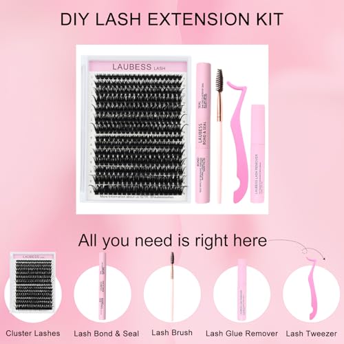 Image of Lash Clusters Kit LAUBESS DIY Lash Extension Kit Lash Bond and Seal Waterproof Lash Glue Remover Tweezers Brush Cluster Eyelash Extensions Kit Eyelash Clusters (Kit 60D /80D-D-Mix8-18)