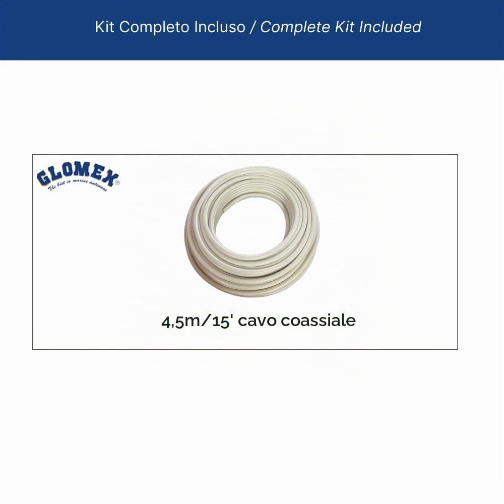 Glomex – Antenna VHF "Basic Line" 1,5m (Bianco), Modello RA400 – Include Cavo 4,5m, Boccola Nylon, 3dB, DC Ground, Per Barche a Motore – Qualità Conveniente
