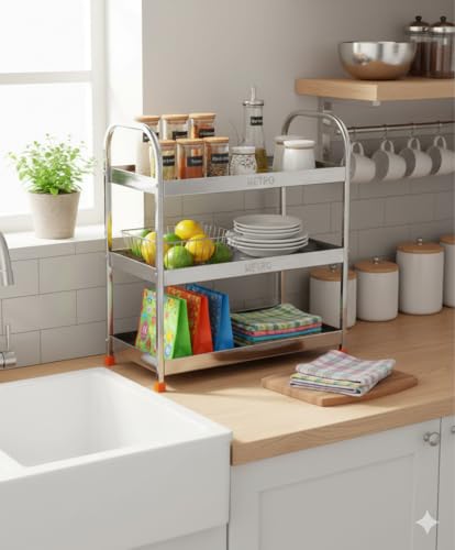 Image of appeasy Stainless Steel 3 Tier Kitchen Storage Rack | Countertop Organizer Shelf for Utensils, Spice Jars, Bottles & Crockery