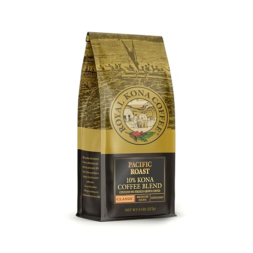 ROYAL KONA 10% Kona Coffee Blend Ground Coffee, Classic Pacific Medium-Dark Roast, Smooth Bold Hawaiian Coffee, Rich Full-Bodied Flavor, 8 oz