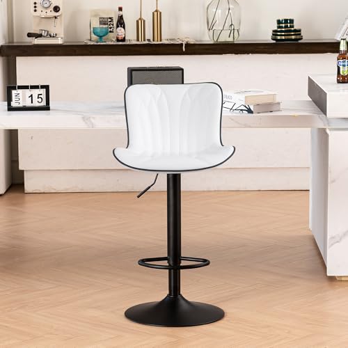 Image of Single Bar Stools Modern Kitchen Counter Bar Chairs Swivel Barstools White | Faux leather upholstered island chairs with backs & metal base. Adjustable Height, easy to clean & load 300 lbs