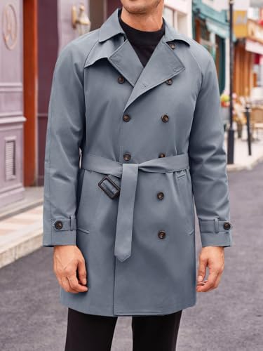 Image of Runcati Mens Trench Coat Double Breasted Mid Long Jacket Casual Belted Overcoat Notched Lapel Windbreaker