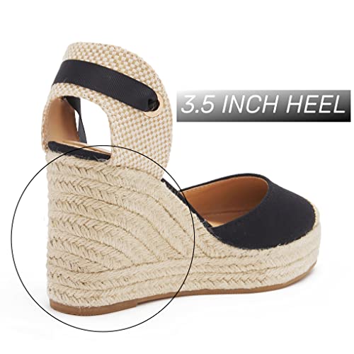 Vodvob Women's Heel Platform Espadrille Wedge Sandals, Soft Ankle-Tie Lace Up Closed Toe Summer Dress Shoes (Black, 6) #TOP2
