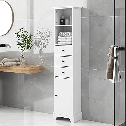 Merax Tall Bathroom Storage Cabinet, Slim Linen Tower With 3 Drawers And Door, Adjustable Shelves, White #TOP14