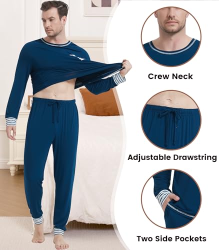 Image of NACHILA Mens Pajamas Set Long Sleeve Henley Sleepwear Top Soft Jogger Pants Pajamas Cool Pjs Set,Viscose Made from Bamboo
