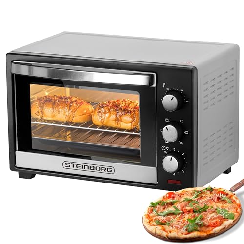 Steinborg® 25 Liter Mini Backofen mit Umluft Pizza Ofen inkl. Backblech und Grillrost Miniofen 60 Min. Timer – 1.600 Watt