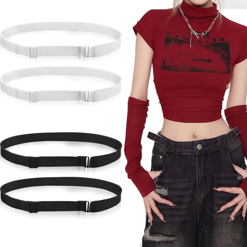 4 Pcs Crop Band Tucky Belt, Adjustable Crop Tops Band for Tucking, Shirt Sweater Tuck Band Elastic Band Strap Tucky Belt to Crop Tops, Shirt Tuck Band Elastic Belts for Women Men (Black, White)