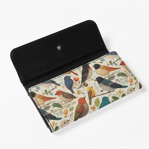 Birds Painting Women's Trifold Wallet Slim Credits Card Holder PU Leather, Watercolor Forest Bird Print Long Clutch Purse Checkbook Wallets for Ladies4