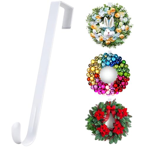 Image of 12 inch Metal Over The Door Wreath Hanger for Front Door - Non-Scratch Door Hook for Hanging Christmas Wreaths, Holiday Decor & Welcome Signs, Durable Wreath Hanger Hooks for Home Decoration, White
