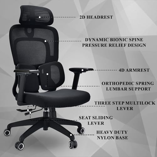 Image of MRC Seltos Cushion Ergonomic High Back Mesh Office Computer Chair with Height Adjustable Orthopedic Spring Lumbar Support,4D Armrests,Multi Lock Mechanism,Seat Sliding (Black)