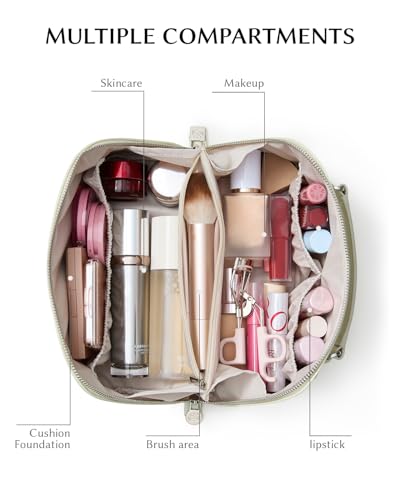 Image of EACHY Travel Makeup Bag, Large Capacity Cosmetic Bag for Women, Waterproof PU Leather, Flat Open Portable Toiletry Bag for Skincare, Brushes & Travel Essentials