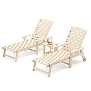 LUE BONA Chaise Lounge Chairs Set with Table 3 Piece HDPS Material 3 Year Warranty Patio Lounge Chair with Adjustable Backrest Resin Pool Lounge Chairs with Wheels for Outside Poolside Sand
