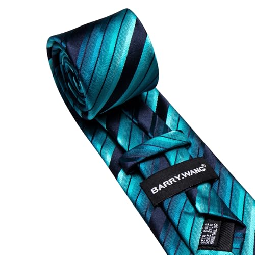 Image of Barry.Wang Man Stripe Ties Set Silk Woven Pocket Square Necktie Cufflinks Formal Party Business