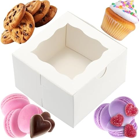 BAKELUV 4x4x2.5 Small Bakery Boxes with Window | White, 100 PCS | Macaron Boxes, Mini Cake Boxes, Small Cookie Boxes for Gift Giving, Small Treat Boxes, Single Cookie Box, Small Pastry Boxes Cover