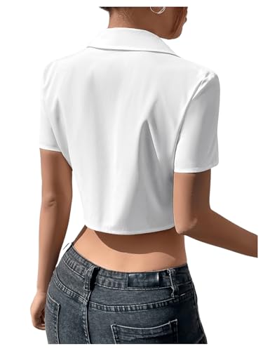 SHENHE Women's Button Up Short Sleeve Collared Asymmetrical Cropped Shirt Top Blouse2