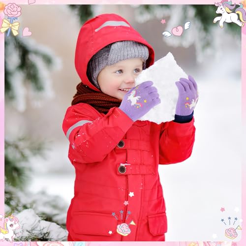 QKURT 6 Paar Kinderhandschuhe, Einhorn-Winterhandschuhe, Thermo-Fäustlinge, magische Handschuhe, dehnbare Vollfingerhandschuhe, Jungen und Mädchen, Strickfäustlinge für 4-12 Jahre
