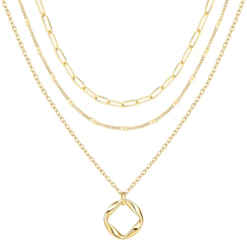 Layered Necklaces for Women,14k Gold Plated Dainty Stackable Choker Necklaces for Women,Trendy Layering Circle Paperclip Chain Pendant Jewelry Set Gifts