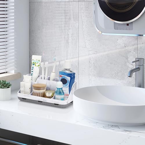 GFWARE Marble Bathroom Countertop Organizer - Detachable 7 Slots Kids Electric Toothbrush and Toothpaste Holde Drainage for Bathroom Accessories Organization Counter Vanity Storage, Grey