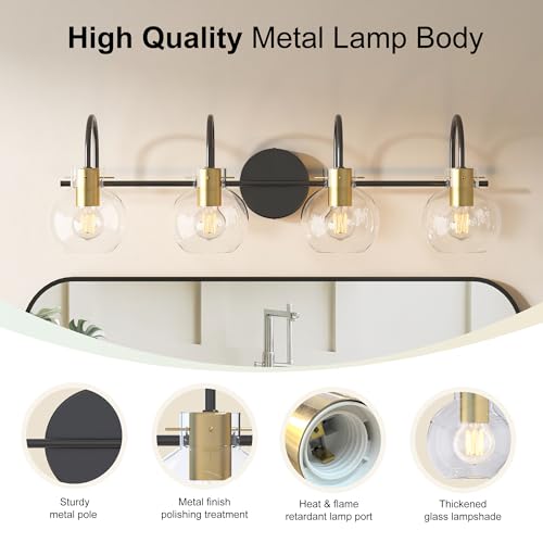 Image of 4 Light Bathroom Vanity Light, Black and Gold Light Fixtures, Sconces Wall Lighting with Glass Shade, Modern Brushed Vanity Lights for Bedroom, Hallway,Bathroom Lighting Fixtures Over Mirror