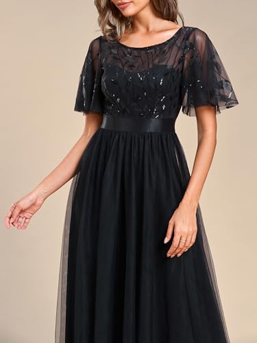 Image of Ever-Pretty Sequin Formal Prom Dresses for Women Ruffle Sleeves Empire Waist A-Line Long Mother of Bride Dress 00904