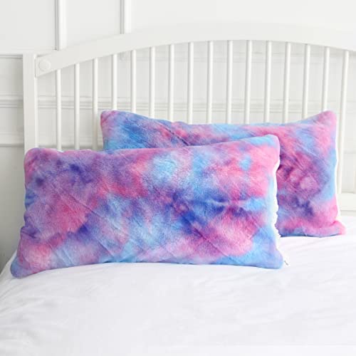 Sleepwish Pastel Tie Dye Faux Fur Pillow Cases Purple Shaggy Pillow Shams for Kids Girls Adults Women Decorative Gifts for Home (King (20