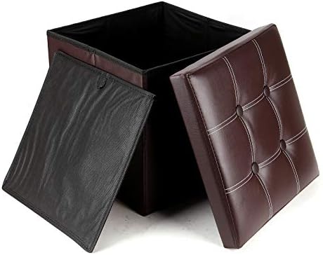 Queiting Storage Foot Stool Seat Box Folding Ottoman Seat Faux Leather Footstool Toy Storage Box Bedroom FootStool Cube Single Seat with Removable Lid 38 x 38 x 38cm(Coffee)