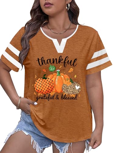 Plus Size Thanksgiving Shirts Women Thankful Grateful Blessed Shirt Leopard Pumpkin Print Casual Fall Tops3