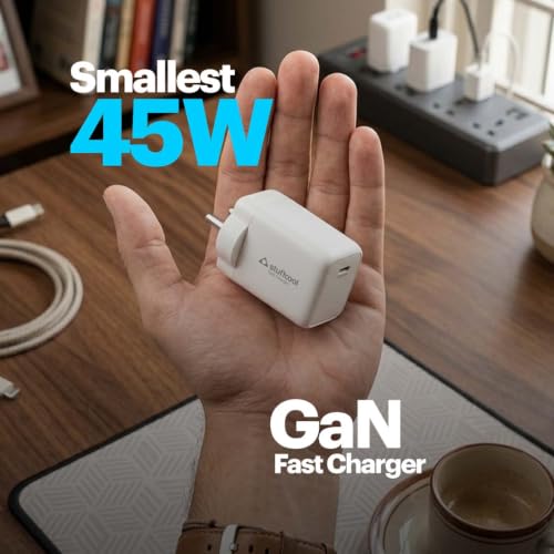 Image of Stuffcool Numen 45W GaN Fast Charger with 45W PD PPS, Supports SFC 2.0 & AVS, Charges iPhone 17 Pro 50% in 20 mins, Samsung Galaxy, Pixel & MacBook Air, with 100W 5A C to C Cable, Made in India