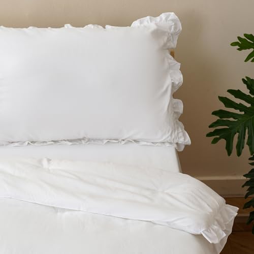 Image of Wellboo Boho White Lace Toddler Bedding Sets for Girls Boys Solid Color Shabby Chic 4 Pieces Soft Crib Bed Set Including Comforter, Sheets and Pillowcase Kids Vintage Rustic Floral Ruffle Quilt Warm