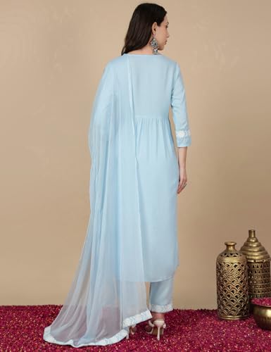 Image of Kaari Women's Chikankari Kurta Set with Dupatta -Fit & Flare Fit | Chiffon Dupatta with Embroidered Band | Straight Pant with Side Pocket | Kurta Set For Women