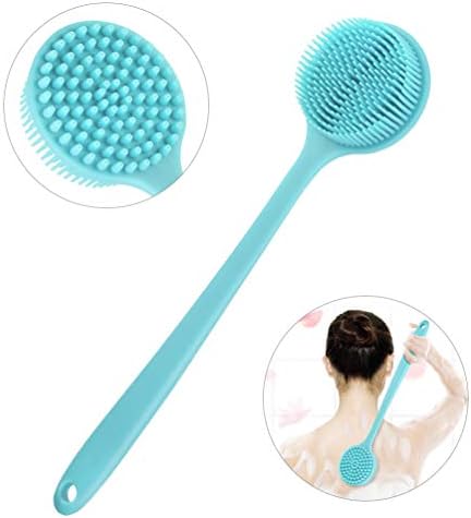 PRETTY SEE Slicone Bath Body Brush Exfoliator, Back Brush Long Handle for Shower with Soft Bristles, Back Scrubber,Blue