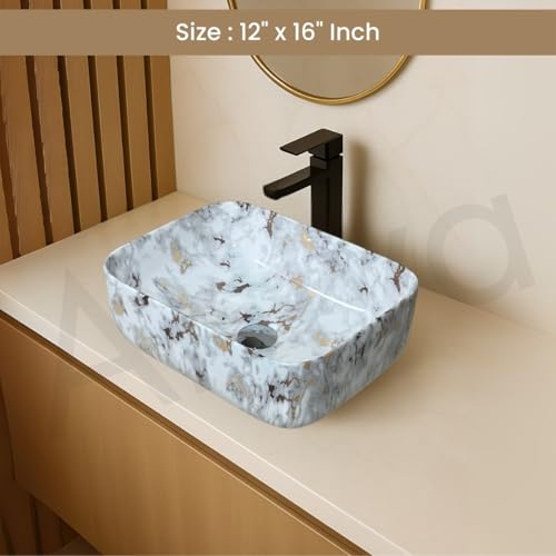 Image of Artiva Ceramic Wash Basin /Tabletop Washbasin For Bathroom,12 inchx16 inch /Small Countetop Bathroom Basin /Table Top Basin For Home,Office,Hotel /Rectangle Glossy Sink (Alaska-Gold,12x16 Inch)