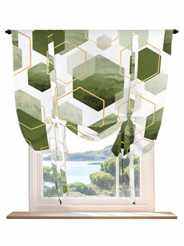Tie Up Curtains for Windows Sage Green Geometric Roman Shade 52 x 45 Inch Bathroom Curtains Window Gold White Hexagon Modern Rod Pocket Short Balloon Curtains for Living Room Kitchen Small Blinds