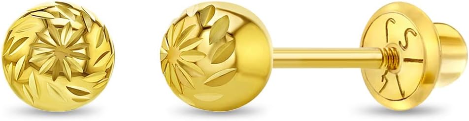 14K Yellow Gold Young Girl's Round Diamond Cut Ball Screw Back Earring Studs for Young Girls & Preteens - Cute Ball Earrings with Safety Screw Back Locking for Children