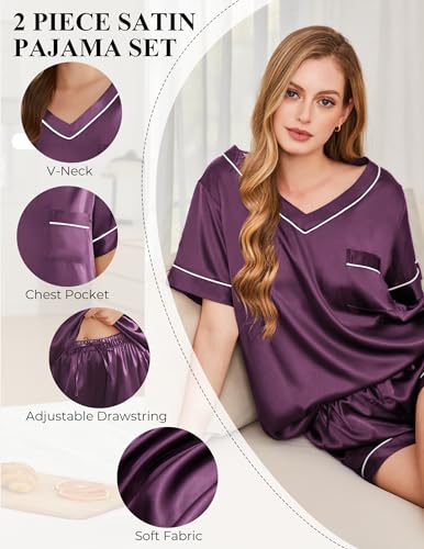 Image of Silk Pajamas for Women Short Sleeve Satin 2 Piece Pj Set Soft V Neck Sleepwear Loungewear, S-XXL