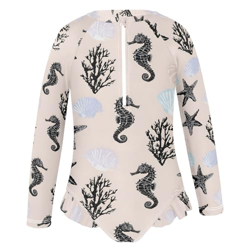 ALAZA Black Seahorse Star Coral Reef Girls One Piece Swimsuit Long Sleeve Rash Guard Swimsuits UV 50+ Swimwear Zipper2
