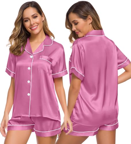 Image of SWOMOG Womens Silk Satin Pajamas Set Short Sleeve Sleepwear Button Down Top and Shorts Loungewear 2 Piece Pjs Set XS-3XL Mauve Pink XXX-Large