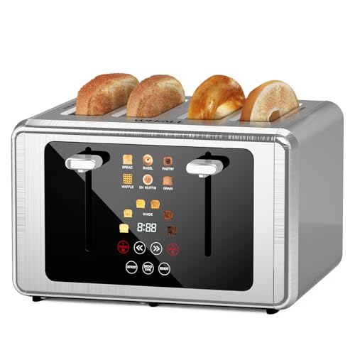 Whall 4-Slice Smart Toaster with Touchscreen & Extra-Wide Slots, Dual Independent Control, 6 Browning Levels & 6 Bread Types, Memory Function,Countdown Timer, Ideal Kitchen Gift