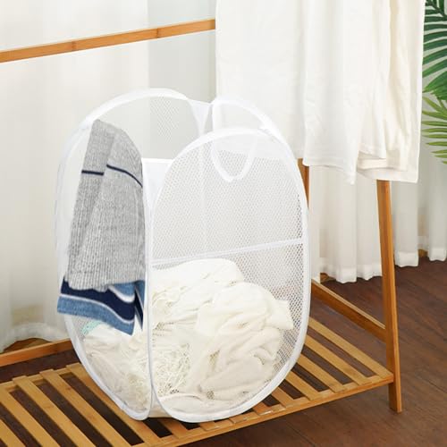 Image of Larpur Popup Laundry Basket, Mesh Clothes Hamper Portable Laundry Hamper with Reinforced Carry Handles, Collapsible for Storage (White)