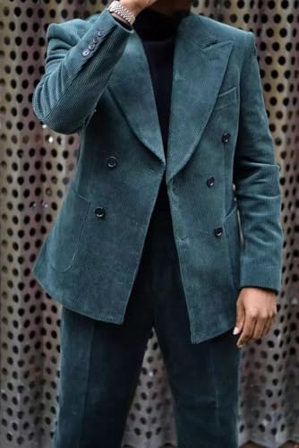 Men's Corduroy 2 Piece Suit - Double Breasted Blazer and Pants Set for Wedding Prom3