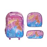 Kit Mochila Sereia Roxa Com Cauda Escolar Rodinha Estojo Lancheira Infantil