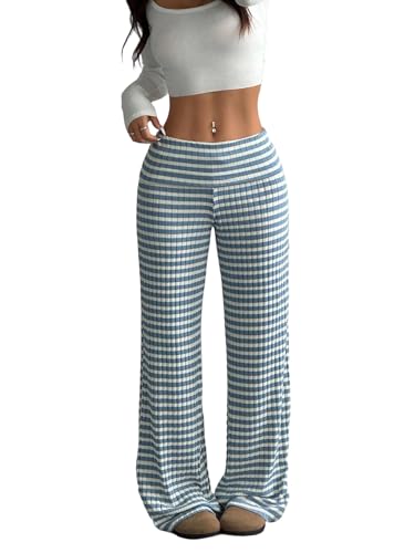 ZAFUL Striped Pants for Women High Waisted Wide Leg Trendy Beach Pull On Elastic Waist Casual Flowy Pants